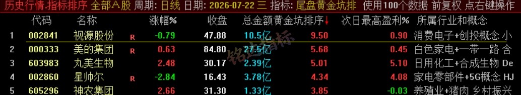 『尾盘黄金坑排序』主力洗盘结束后的尾盘潜伏低吸 短线次日套利排序工具 数据可回测，电脑使用