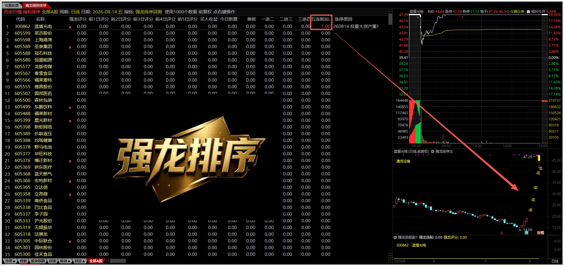 通达信【强龙排序●回测●选股】 竞价盘中量化捕捉龙头，1主1副1回测1选股1版面、源码分享